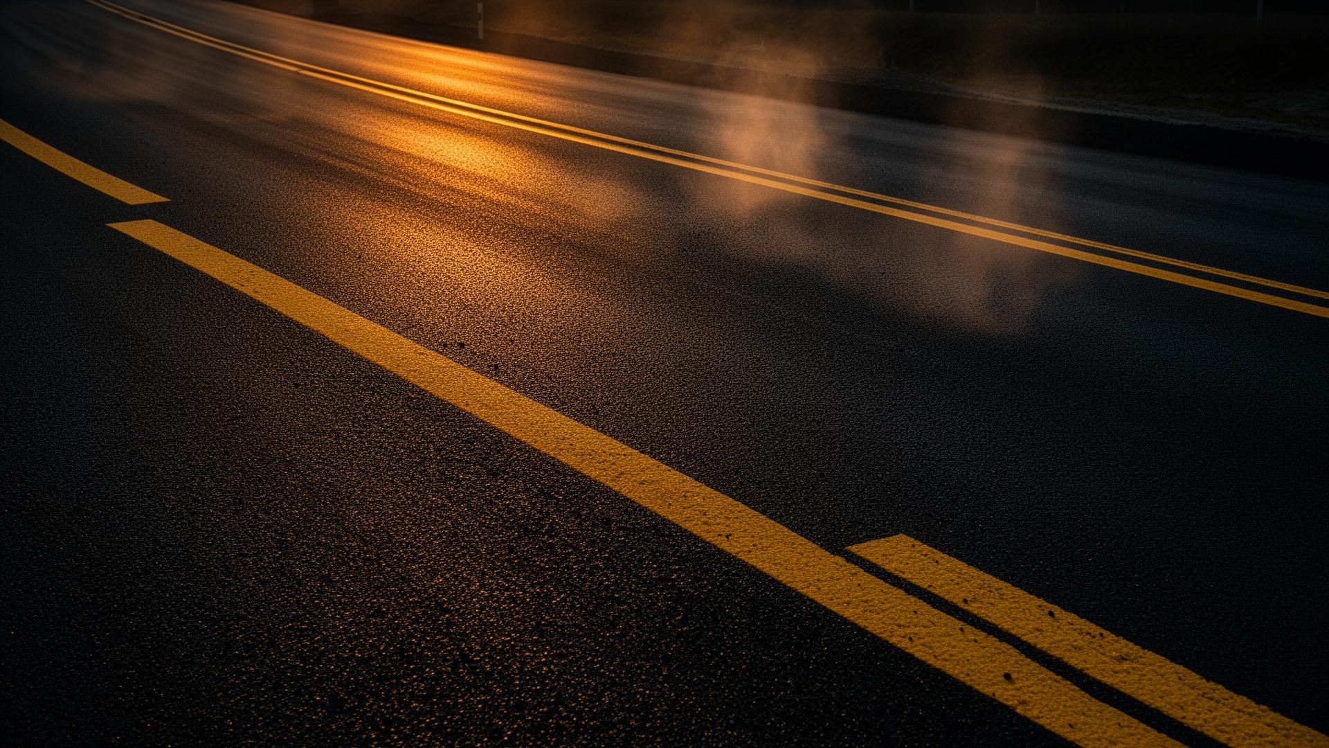 Freshly sealed asphalt road at dusk
